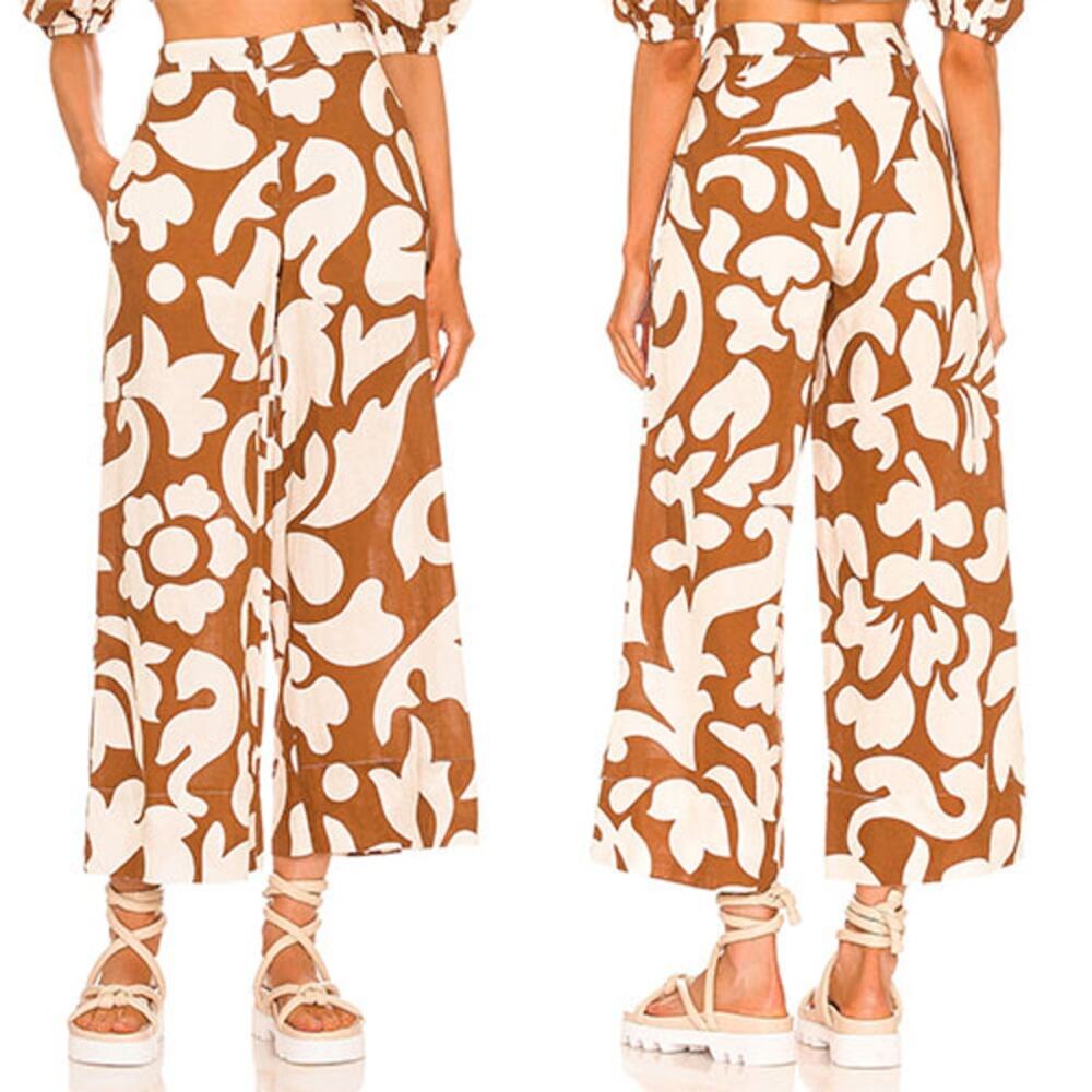NEW Rhode Penelope High Waisted Abstract Design Wide Leg Pants Brown Size: 0